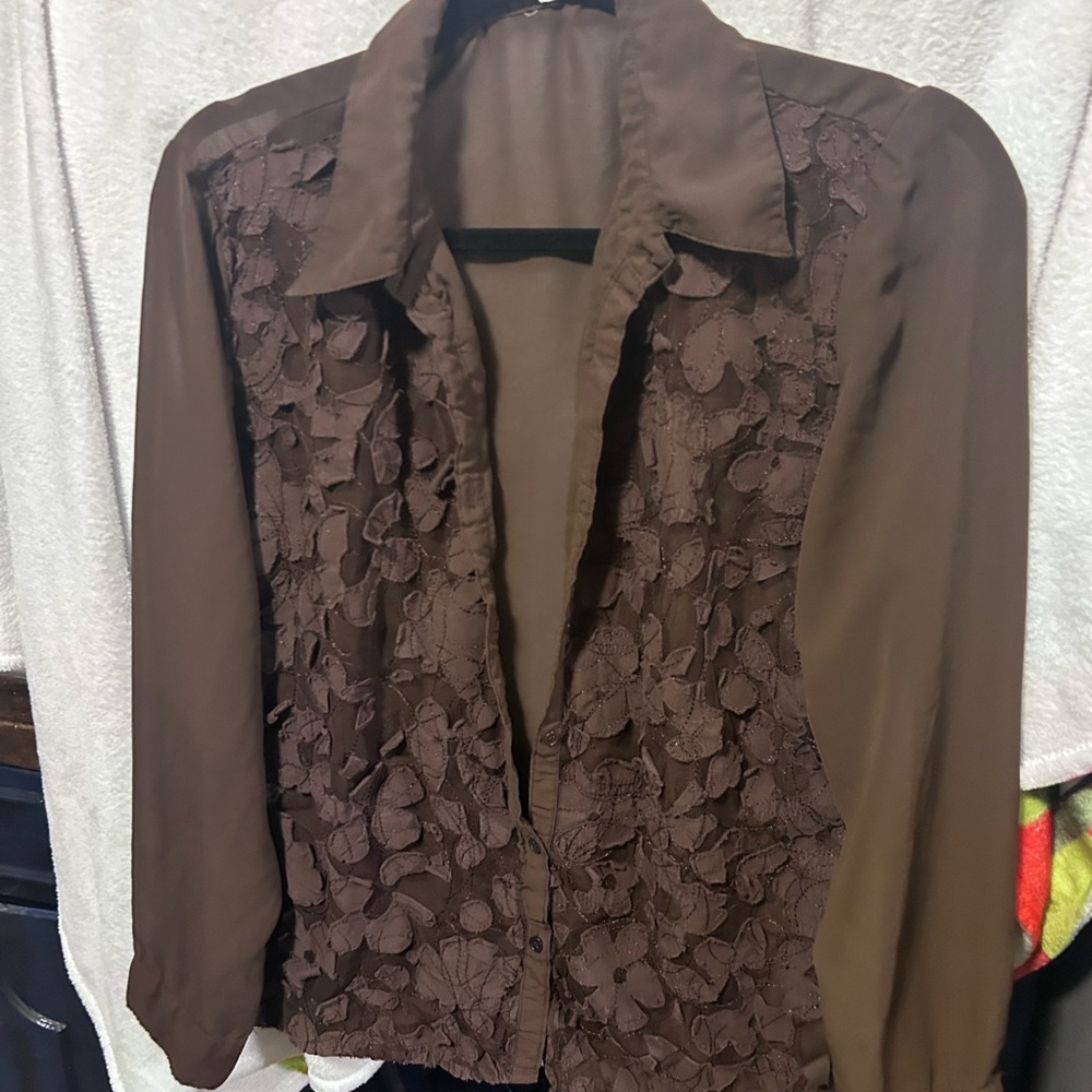 Brown, long sleeve, sheer button up